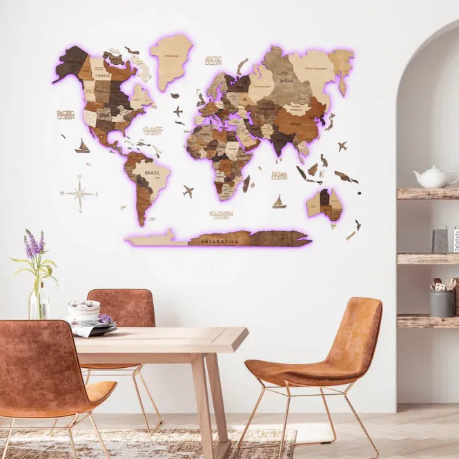 Hovedbilde 3D LED Verdenskart i Tre Multicolor – World ...